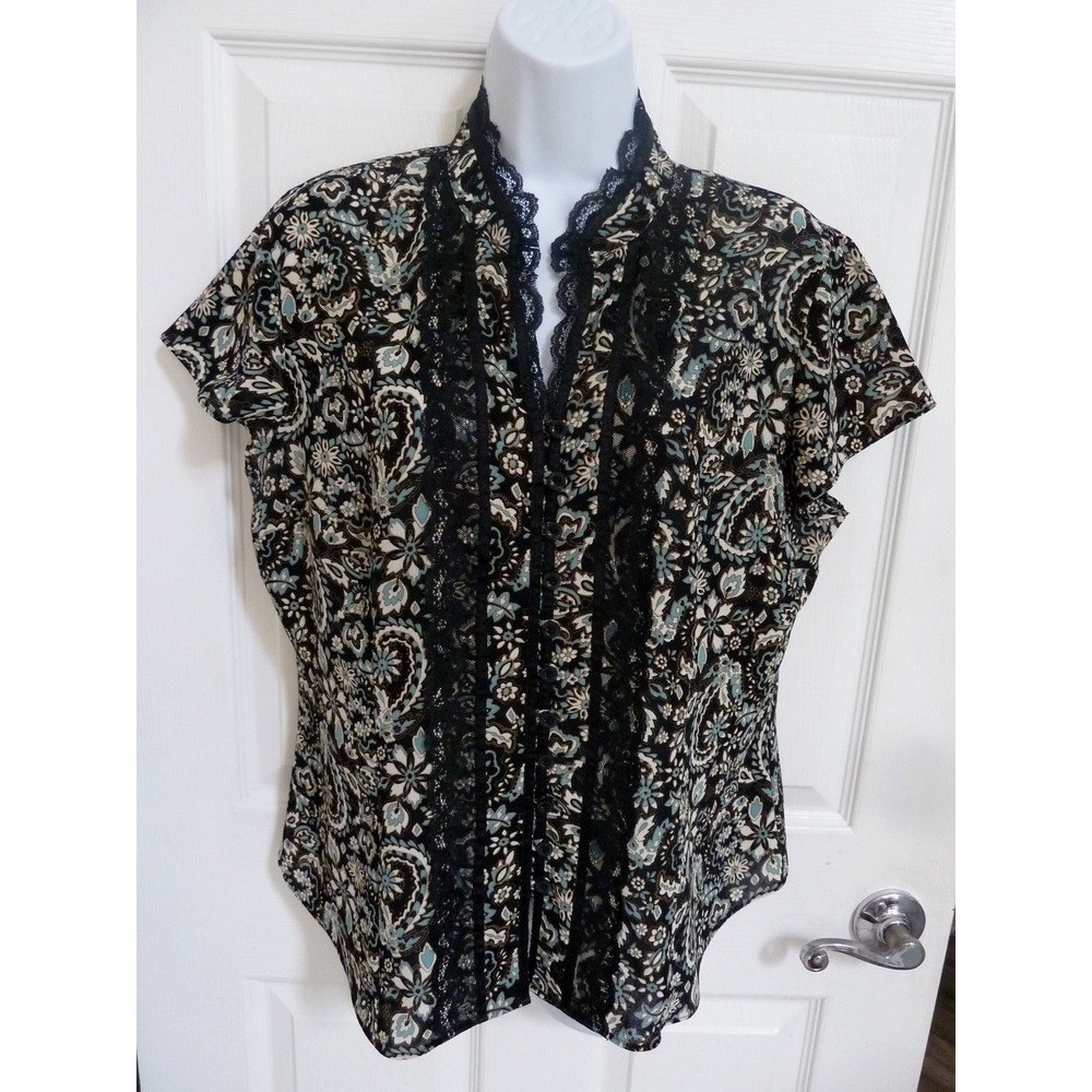 EMMA JAMES Sz 12 Career Office Blouse Cap Sleeve Lace Button Up Floral Top